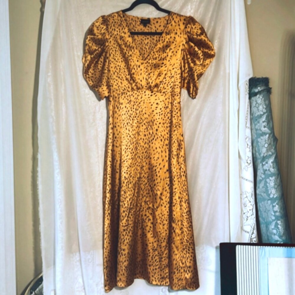 Who What Wear Leopard Print Gold and Black Dress with Puffed Sleeves - Size Sm